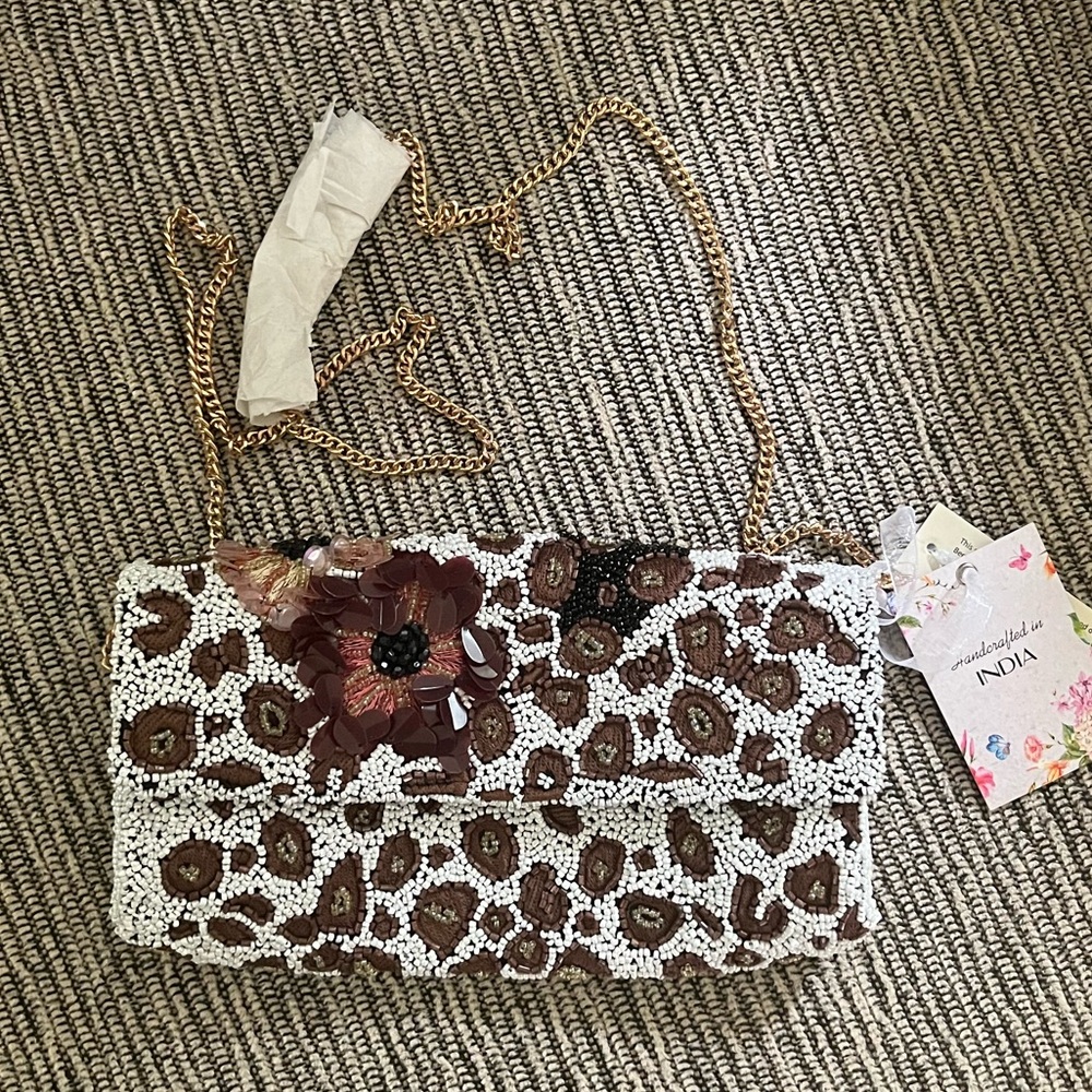 Beaded Floral Accent Brown and White Purse